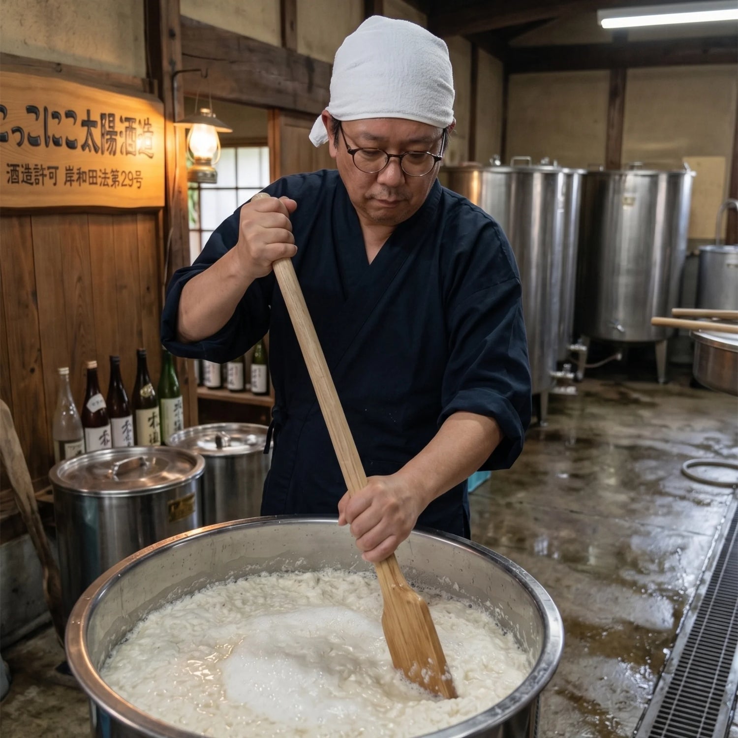 にっこにこ太陽酒造の店主が櫂入れしている様子